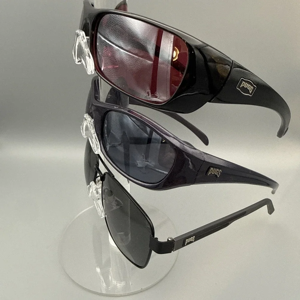 THREE PAIRS OF AUTHENTIC BLACK PUGS MEN'S SUNGLASSES WRAPS &  AVIATORS